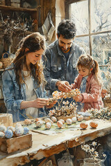 Watercolor of an Easter craft session, with families making decorations from natural materials