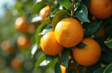Sunlight illuminates ripe navel oranges hanging on tree branches in Greek orchard during harvest season. Close-up view fresh, juicy citrus fruits amidst green foliage, suggesting healthy, organic