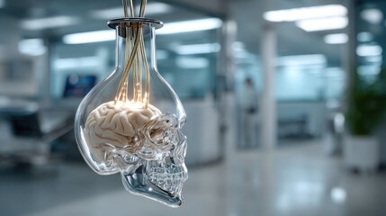 Illuminated brain in glass skull