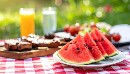 Watermelon Slices Beside Grilled Food on Picnic Table in Summer Barbecue Scene