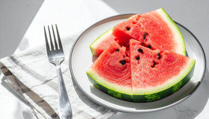 Watermelon Slices on Plate with Napkin and Fork in Summer Brunch Setup with Natural Light