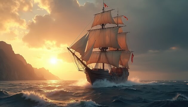 Ancient pirate ship sailing on rough sea. Large sailboat with four masts, three sails unfurled, glides across ocean. Sunset backdrop with sun sinking towards horizon, warm glow on waves, sea, sky.