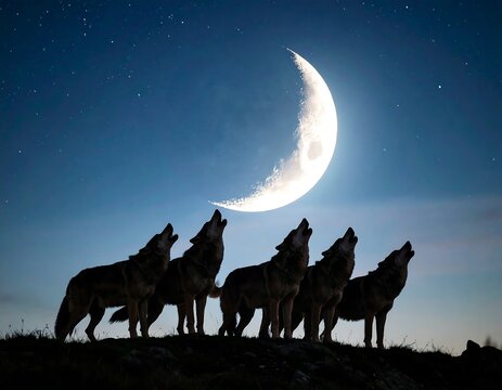Wolves howling at the crescent moon (1) - Powered by Adobe