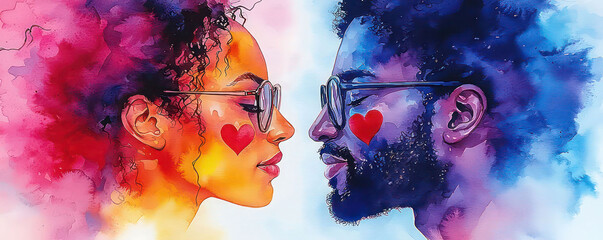 Watercolor painting of a couple painting heart-shaped murals on each other's cheeks at a festival