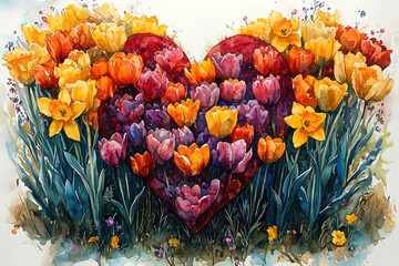 Watercolor painting of a heart-shaped flower bed with tulips and daffodils in vibrant bloom