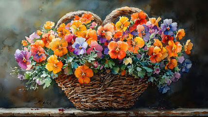 Watercolor painting of a heart-shaped basket filled with fresh spring flowers delivered to a doorstep
