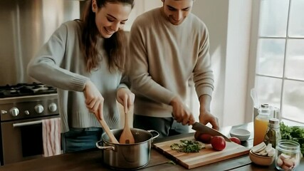 A loving couple cooking together, filled with joy and togetherness.
