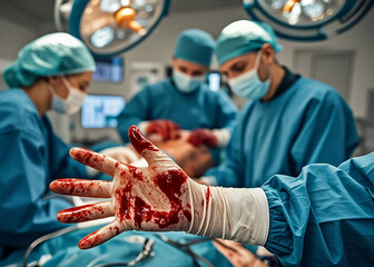 Surgeon&rsquo;s Bloody Glove During Intense Operation in Modern Hospital Operating Room