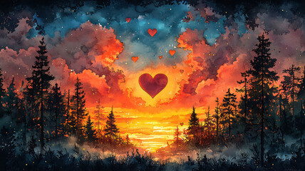 Watercolor painting of a romantic sunset view with heart-shaped clouds floating in the sky