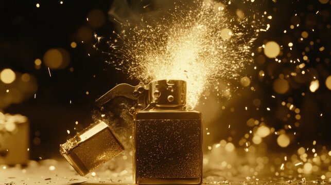 Gold lighter exploding in a burst of sparks