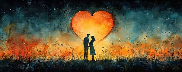 Watercolor painting of a couple's silhouette against a heart-shaped moon