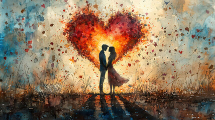Watercolor painting of a couple's shadows merging to form a heart on the ground as they embrace