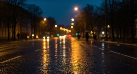 Obraz premium Rainy street at night with reflections and illuminated city lights 