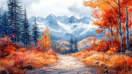 Watercolor painting of an autumn hike in the mountains