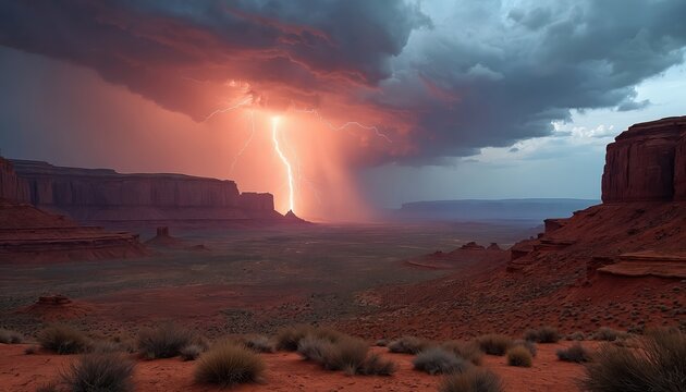 Dramatic lightning storm over arid desert canyon landscape. Orange and blue hues dominate sky with bright lightning bolt illuminating dark rock formations and dry sandy terrain.