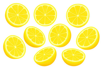 Lemon slices falling dynamically, splashing droplets across clean white space, embodying fresh citrus energy for design projects