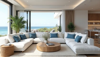 Modern bright living room features plush white sectional sofa with blue cushions facing large windows with ocean views. Wooden coffee table and plants add warmth to the airy, open space.