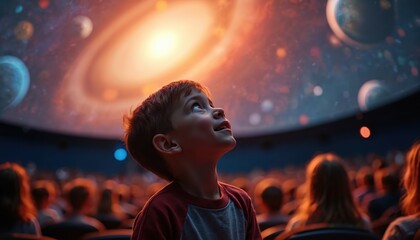 Young boy marvels at planetarium show. Child face illuminated by cosmic display, showing awe and excitement. Audience watches galaxy projection in dark dome theater. Education, science, exploration.