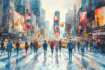 Watercolor painting of a busy urban crosswalk