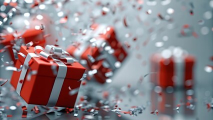 A close up of red gift boxes with white ribbons and confetti floating in the air