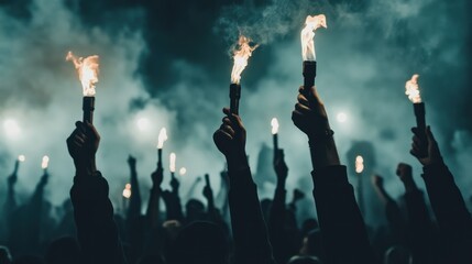 Crowd aloft with fiery protest torches