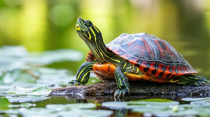 Vibrant turtle basking on a log.