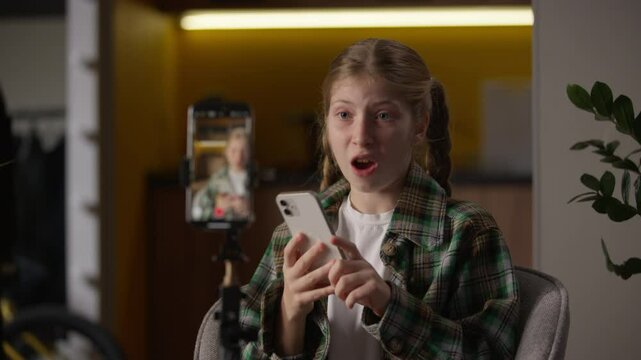 Unhappy displeased little girl Caucasian teen child kid blogger influencer schoolgirl at home recording video talking blog bad negative review new mobile phone app record smartphone camera on tripod