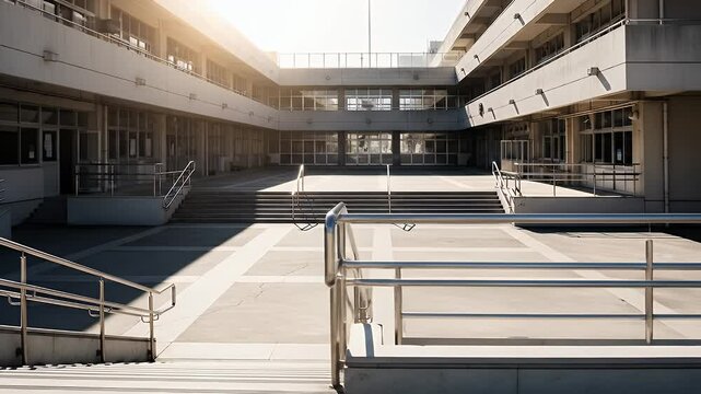 Empty light gray building courtyard with metal handrails on stairs perfect for architecture design and education commercial uses effect heatwave climate global change