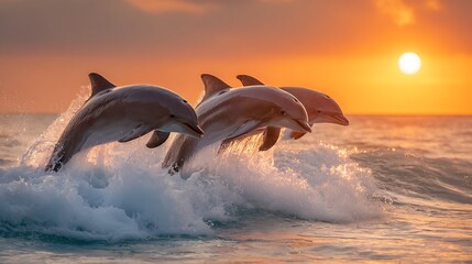 Fototapeta premium Graceful dolphins leaping across golden sunrise waves in the open sea horizon