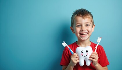Young boy stands confidently holding two toothbrushes with cartoon character on blue background. Vibrant red shirt and blue pants. Playful pose promotes oral hygiene in childhood.