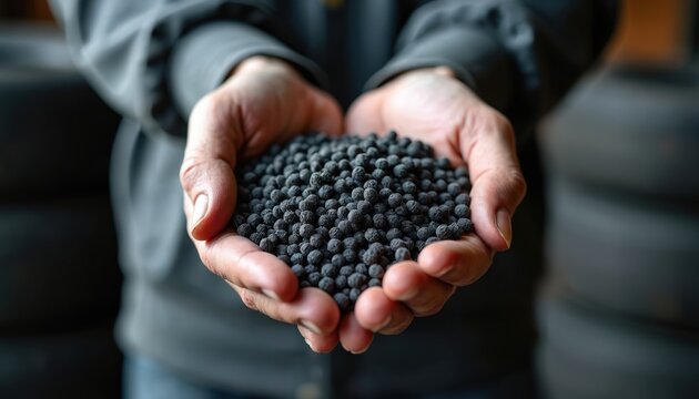 Close-up of hands holding recycled rubber granules derived from old tires. Transformation waste management, sustainability in industry. Black particles represent reused material for construction,