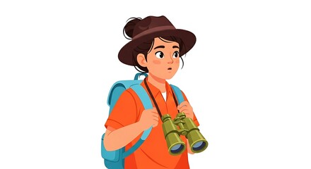 Obraz premium Cartoon flat young explorer with backpack and binoculars, outdoor travel concept