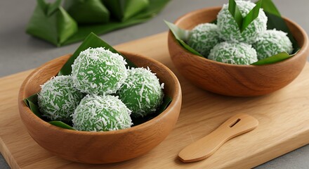 Green klepon cake serve on wooden bowl. This cake is indonesia traditional street food it usually serve as snack on the morning breakfast. 