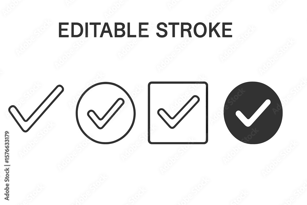Poster check mark icon set with editable stroke. approve symbol collection. tick sign for vote, yes, ok, or