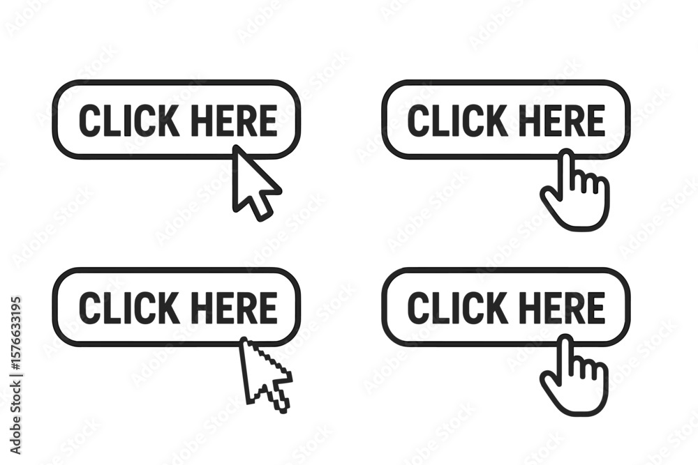Fototapete click here button set with hand and mouse arrow cursor pointers. call to action web buttons for webs