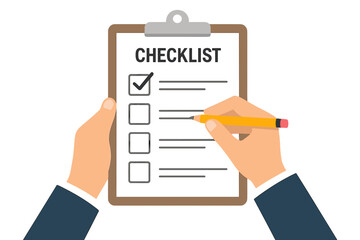 Businessman hands holding clipboard with checklist and pencil. To-do list concept. Marking checkbox. Task completed. Survey, quiz, business form. Planning and organization.