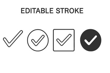 Check mark icon set with editable stroke. Approve symbol collection. Tick sign for vote, yes, ok, or correct. Vector checkbox button for ui ux design. Simple line icons.