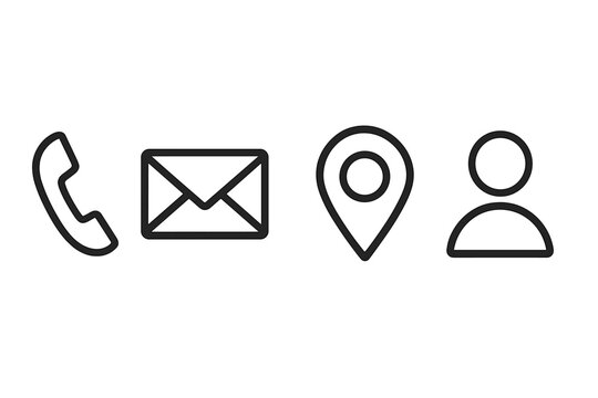 Business card contact information icons set. Web contact us button symbols. Minimal line art vector. Phone, email, address location pin, user profile pictogram collection.