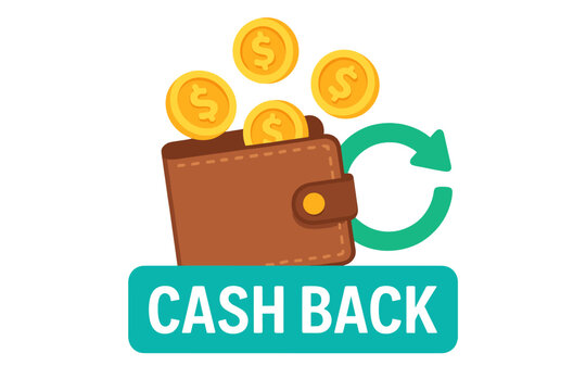 Cash back service concept. Saving money icon with wallet and coins. Money refund label for online shopping partner program. Financial bonus reward symbol. Economy service vector.