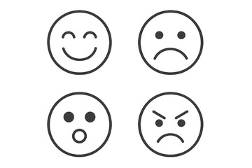 Fototapeta premium Emotional spectrum emoji icons, set of 4 round line vector symbols: happy, sad, surprised, angry emoticon faces, social media reaction illustration