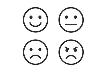 Emotion icons set. Emoji face symbol collection. Happy, sad, angry, neutral smile. Customer feedback or satisfaction rating. Mood expression vector illustration. Line art signs.