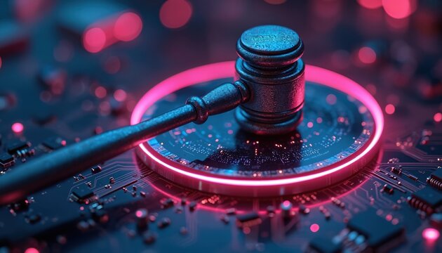 Gavel on electronic circuit board with neon light. Ai ensuring regulatory compliance, governance standards, risk management, corporate integrity in business. Represents automation checks, modern