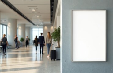 Airport terminal interior with blank sign suspended from modern ceiling. White pillars, large window, natural light illuminate lounge area. Casual travelers walk towards terminal.