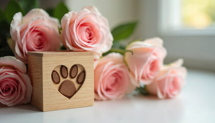 Wooden pet cremation urn features heart shaped paw print design. Surrounded by soft pink roses, urn offers peaceful, respectful tribute to beloved animal companion. Natural floral elements symbolize