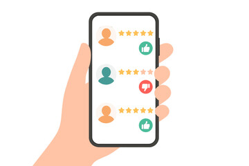 Hand Holding Smartphone with Customer Review Ratings, User Feedback, Five Star Ratings, Thumbs Up Down, Client Experience Evaluation, Online Service App, Mobile Interface