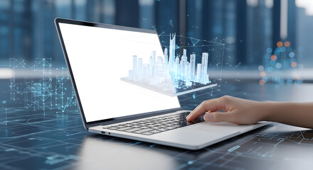 3D City Model on Laptop Futuristic Urban Planning and Technology