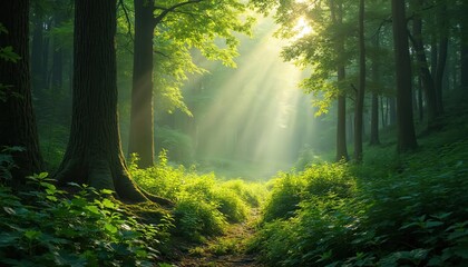 Obraz premium Woodland scene with dirt path through dense forest, lined with wildflowers. Sunlight filters through trees, casting warm glow on path, flowers. Green foliage, vibrant flowers, peaceful atmosphere.