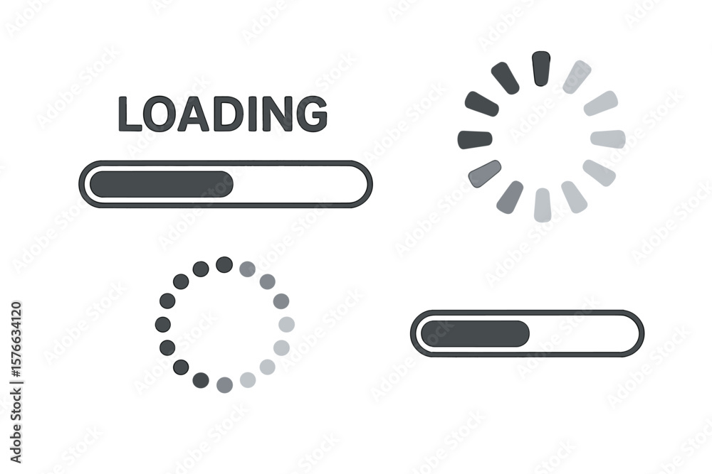 Aufkleber Loading Progress Bar Vector Set. Loading Bar, Progress Indicator, Circular Spinner, Buffering Symbol. UI UX Web Design Elements. Download, Upload, Waiting, Data Transfer, Website, App, Technology