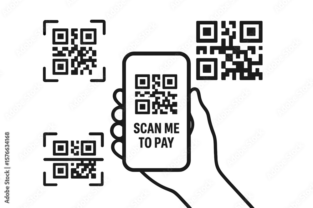 Poster qr code scan icons set. mobile payment concept. hand holding smartphone scanning qr code for contact