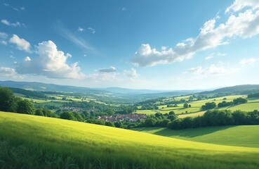 Obraz premium Green rolling hills in French countryside of Pays dArgonne surround quaint village under bright blue summer sky with fluffy clouds. Scenic European landscape captures idyllic rural charm of Ardennes
